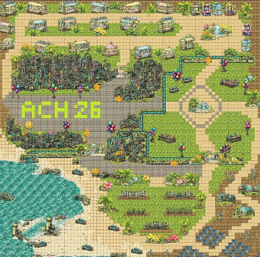 Mapa ilustrado en vista cenital del mundo Work Adventure de ACH 2026, con 'ACH 26' escrito en el punto de aparición central de la ciudad, rodeado por las caravanas de Presentaciones Creativas, el Arcade Solarpunk, los terrenos de la Feria del Cuidado, la granja urbana de GIE, y una playa para la reflexión.